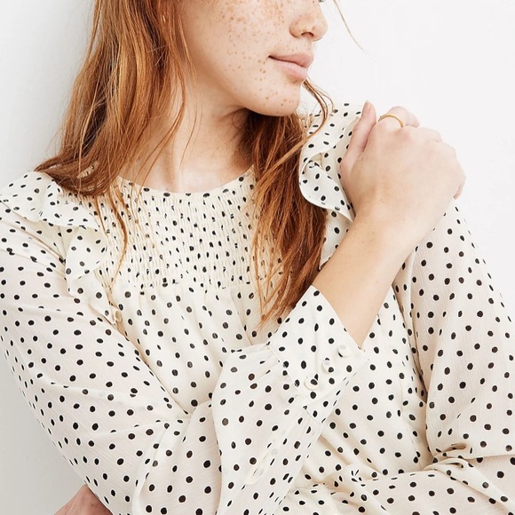 Madewell Smocked Ruffle-Shoulder Midi Dress in Inkbrush Dots Size M - Picture 2 of 15